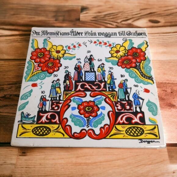 Berggren 6" Scandinavian Tile Trivet Felt Back Man's Ages from Cradle to Grave - Picture 1 of 8